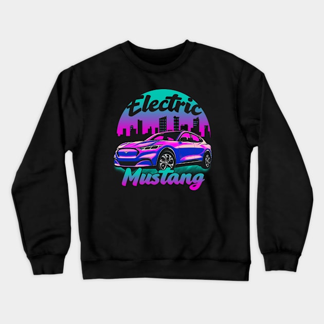 Pink Retro Electric Mustang Cityscape Crewneck Sweatshirt by zealology